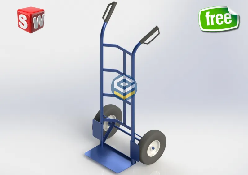 Carrinho de Mão Industrial 3D desenvolvido no SolidWorks, modelo gratuito ideal para projetos industriais e estudos logísticos em ambientes produtivos.