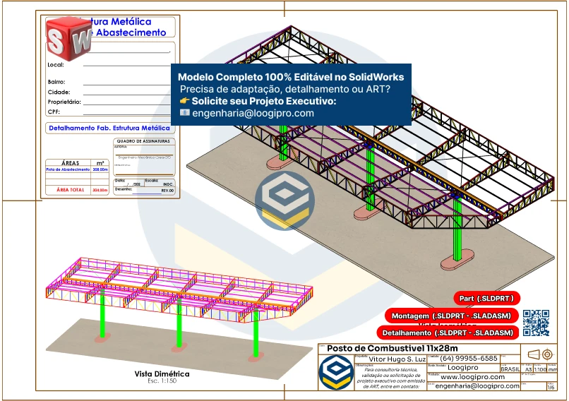 Projeto estrutural metálico para Posto de Combustível 11x28m, detalhado para engenharia, com três pilares e arquivos editáveis no SolidWorks. Folha 01