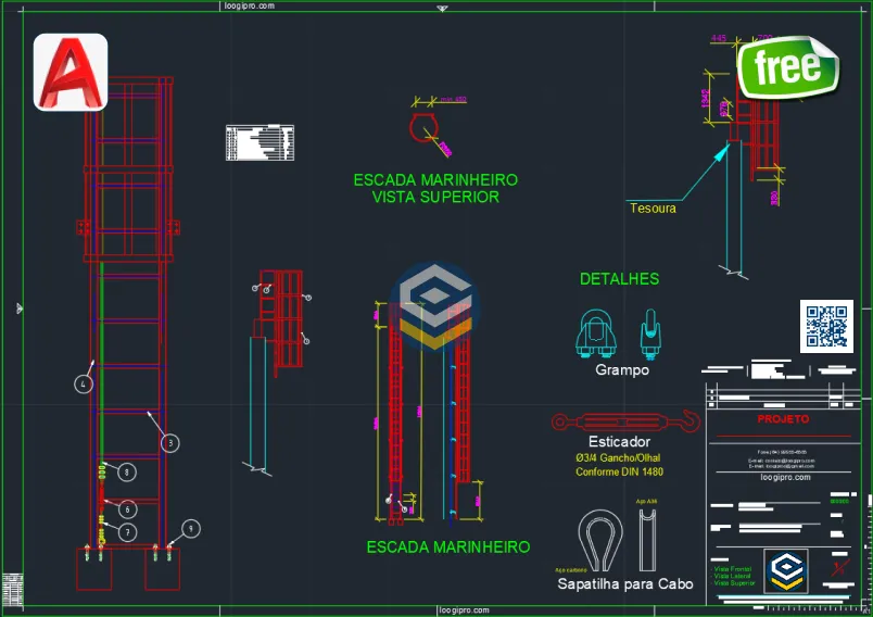 Projeto DWG de escada marinheiro com linha de vida vertical, ideal para aplicações industriais e conforme exigências da NR35.