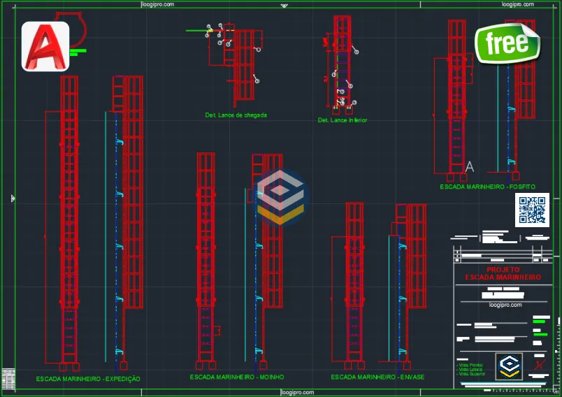 Detalhamento técnico do Projeto de 4 Escadas Marinheiro em DWG com cortes e vistas em CAD