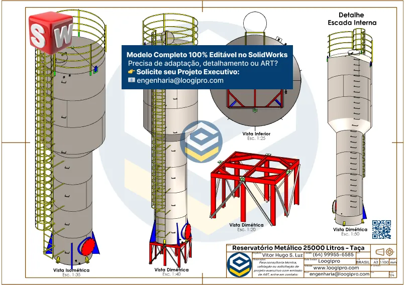 Projeto editável do Reservatório Metálico 25000 Litros - Tipo Taça desenvolvido em SolidWorks com todos os componentes 3D e detalhamento técnico personalizado para demandas de engenharia e estruturas metálicas. - Folha 01