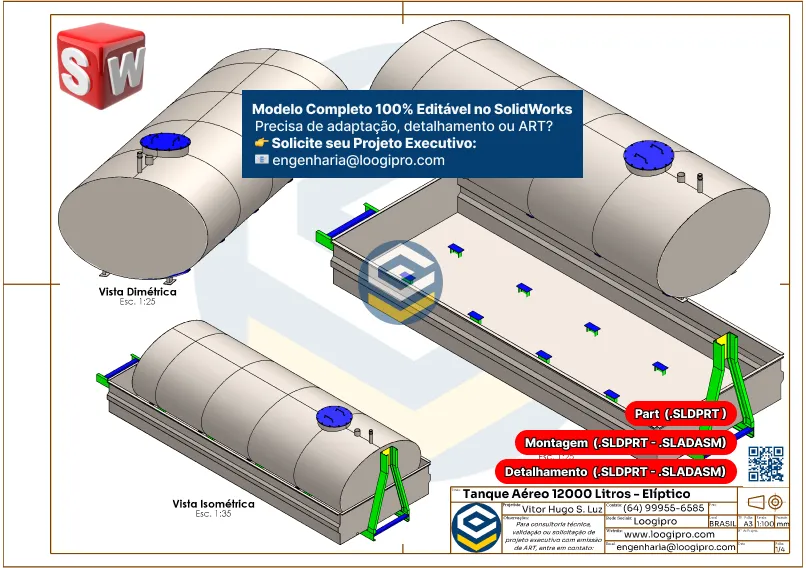 Tanque Aéreo 12000 Litros - Elíptico - Drawing com arquivos completos para edição no SolidWorks. Folha 01