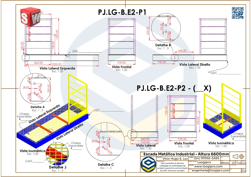 Detalhe de fabricação das plataformas da Escada Metálica Industrial com 3 Lances Retos - Altura 6600 mm.