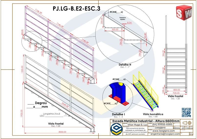 Detalhe de fabricação do primeiro lance da Escada Metálica Industrial com 3 Lances Retos - Altura 6600 mm.