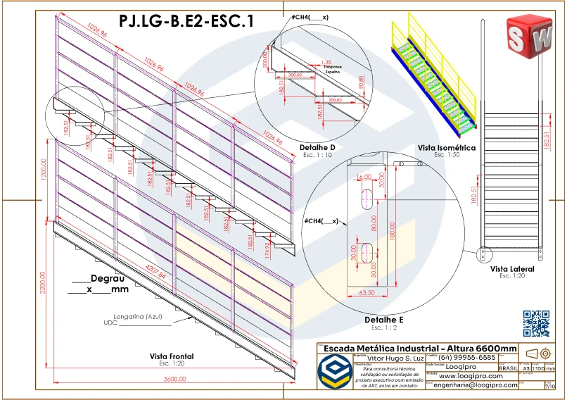Detalhe de fabricação do terceiro lance da Escada Metálica Industrial com 3 Lances Retos - Altura 6600 mm.