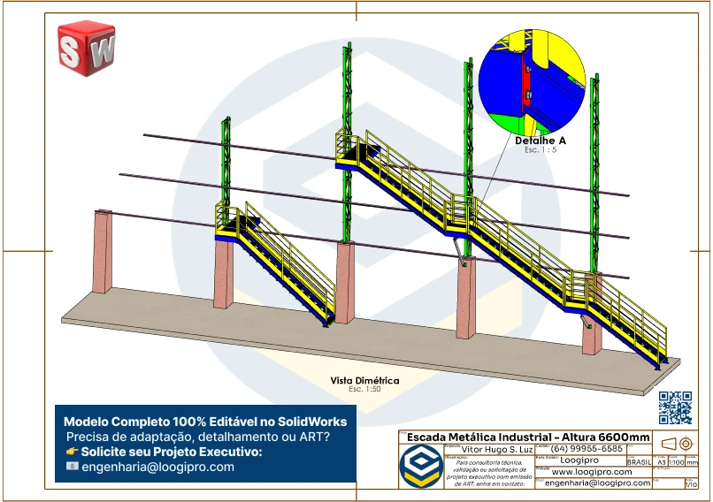 Vista isométrica da Escada Metálica Industrial com 3 Lances Retos - Altura 6600 mm.