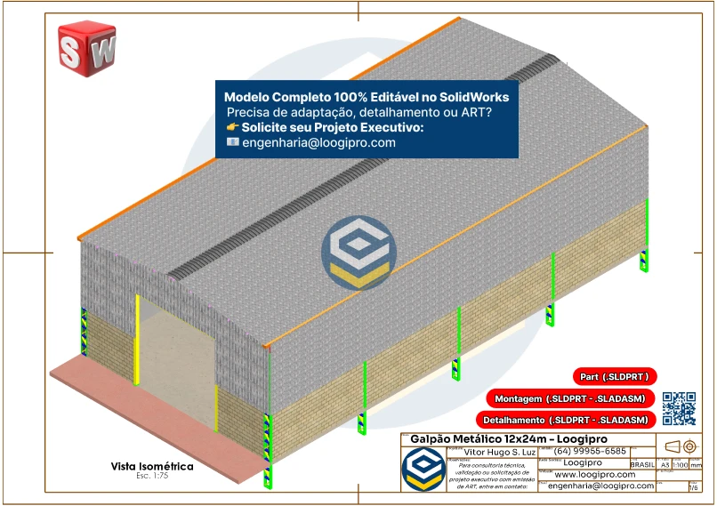 Vista isométrica do Galpão Metálico 12x24m com telhas TP40 sobre estrutura metálica e fechamento em alvenaria de 3 metros