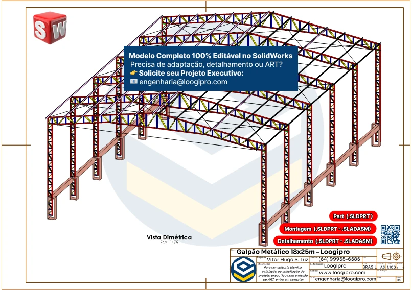 Galpão Metálico 18x25m - Tesoura Reduzida -Vista isométrica do Galpão Metálico 18x25m tesoura reduzida com destaque para a estrutura metálica.