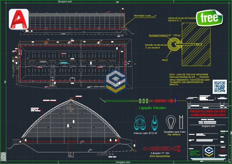 Detalhamento técnico de linha de vida horizontal para galpão graneleiro, incluindo vistas do galpão, pontos de ancoragem e elementos de fixação conforme NR35.