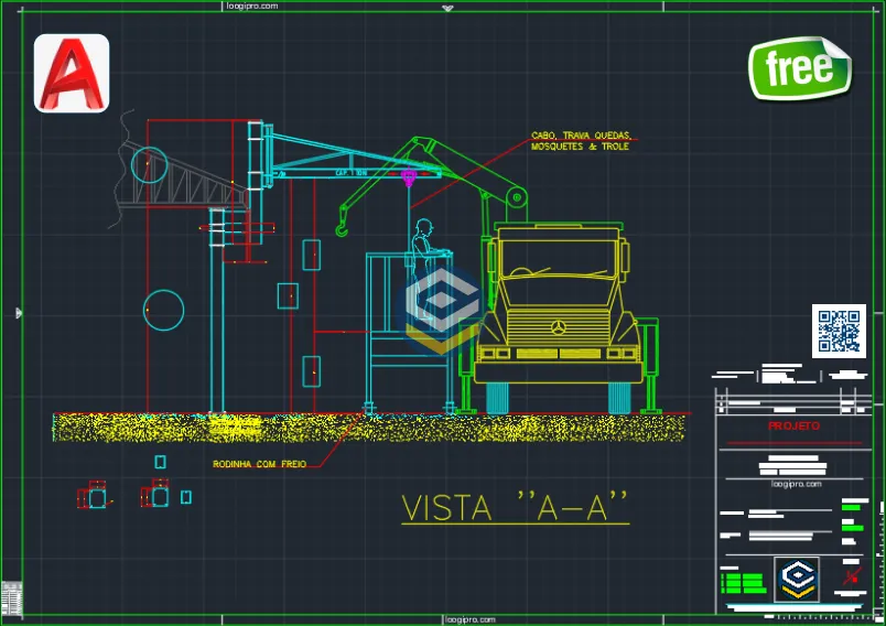 Desenho técnico de linha de vida rígida para acesso ao caminhão com estrutura metálica e proteção NR35. Linha de Vida Rígida para Acesso a Caminhão