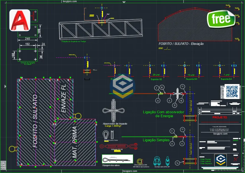 Projeto técnico de Linha de Vida Horizontal Cobertura Arqueada em DWG com suporte, esticador e ancoragens, ideal para aplicações NR35 em estruturas metálicas.