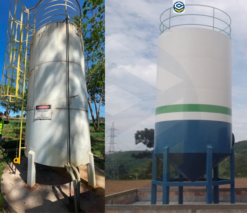 Reservatório vertical metálico com fundo cônico, projetado para armazenamento eficaz de água potável e agrícola.