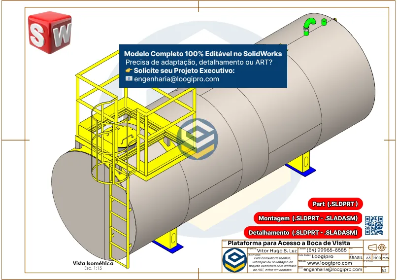 Plataforma para Acesso a Boca de Visita - Tanque - Drawing montada sobre reservatório horizontal com escada de acesso e guarda-corpo técnico detalhado em SolidWorks