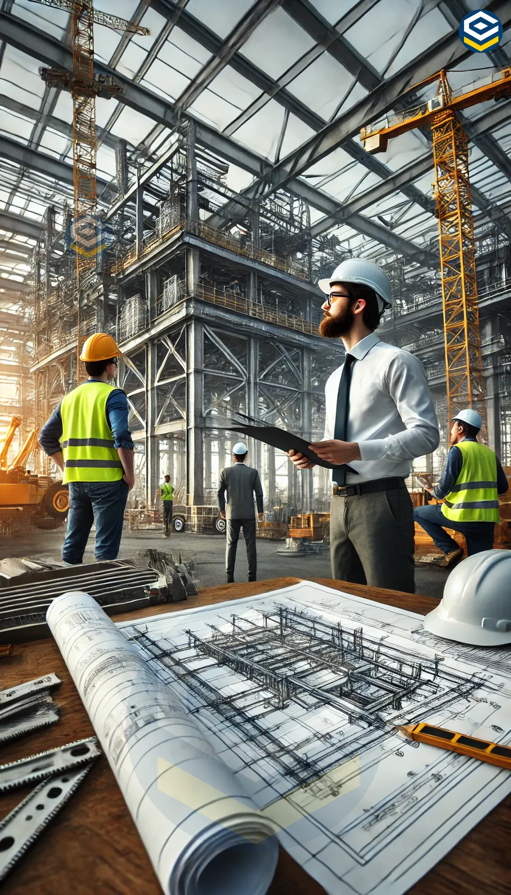 Trabalhadores em um canteiro de obras colaboram na construção de uma estrutura metálica, com gruas e equipamentos pesados visíveis ao fundo, destacando o trabalho em equipe na construção civil. Sobre