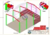 Estrutura metálica do galpão 10x15m com pé direito de 7 metros, destacando detalhes de perfis U dobrados e conexões estruturais em vista isométrica.