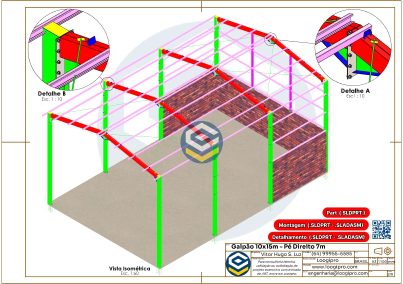 Estrutura metálica do galpão 10x15m com pé direito de 7 metros, destacando detalhes de perfis U dobrados e conexões estruturais em vista isométrica.