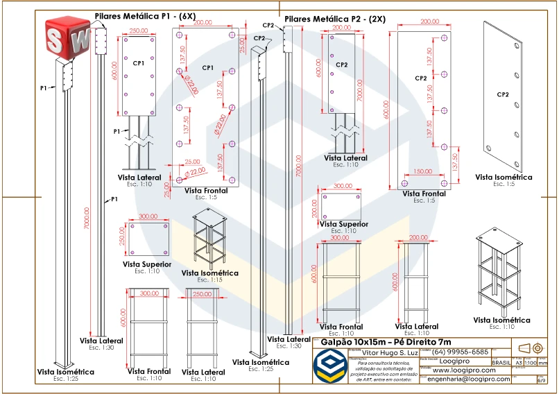 Detalhes técnicos e dimensões dos pilares metálicos do galpão 10x15m com pé direito de 7 metros, incluindo vistas frontal, lateral e isométrica para projeto estrutural.