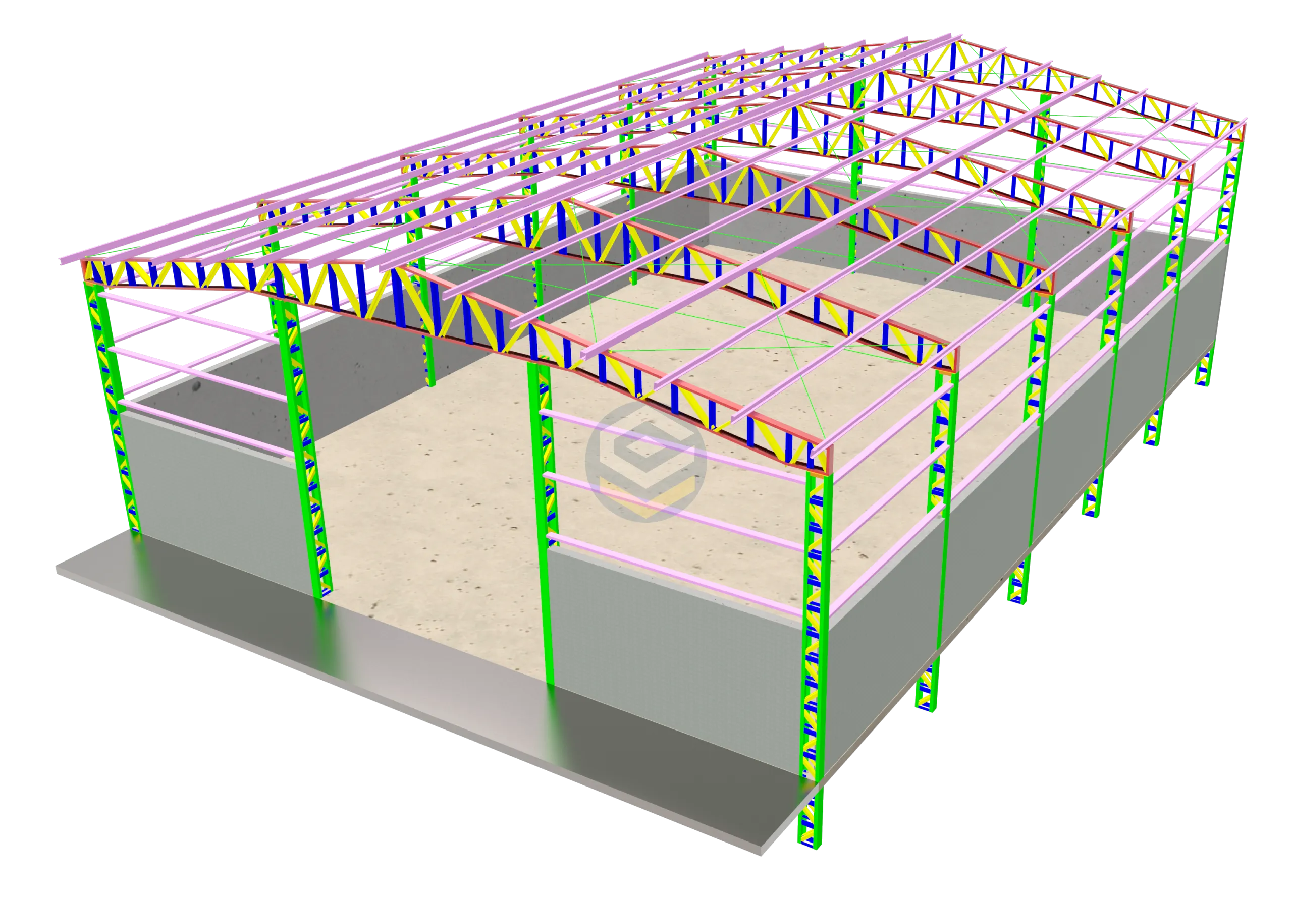 Biblioteca de projetos Loogipro - Galpão 2 águas em estrutura metálica com renderização 3D detalhada