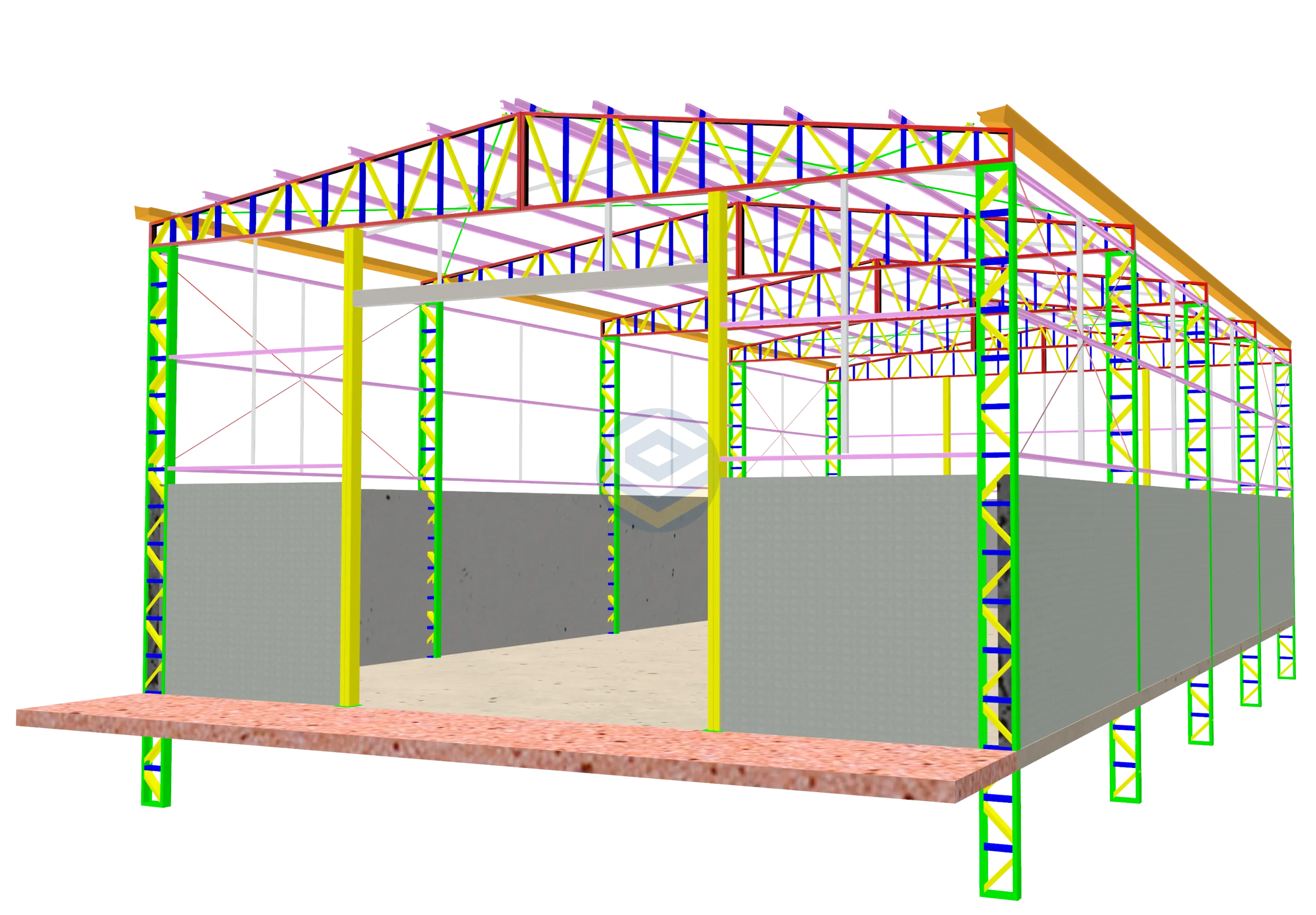 Biblioteca de projetos Loogipro: renderização 3D de galpão industrial com estrutura metálica em detalhes, incluindo vigas, pilares e conexões em aço para alta resistência.