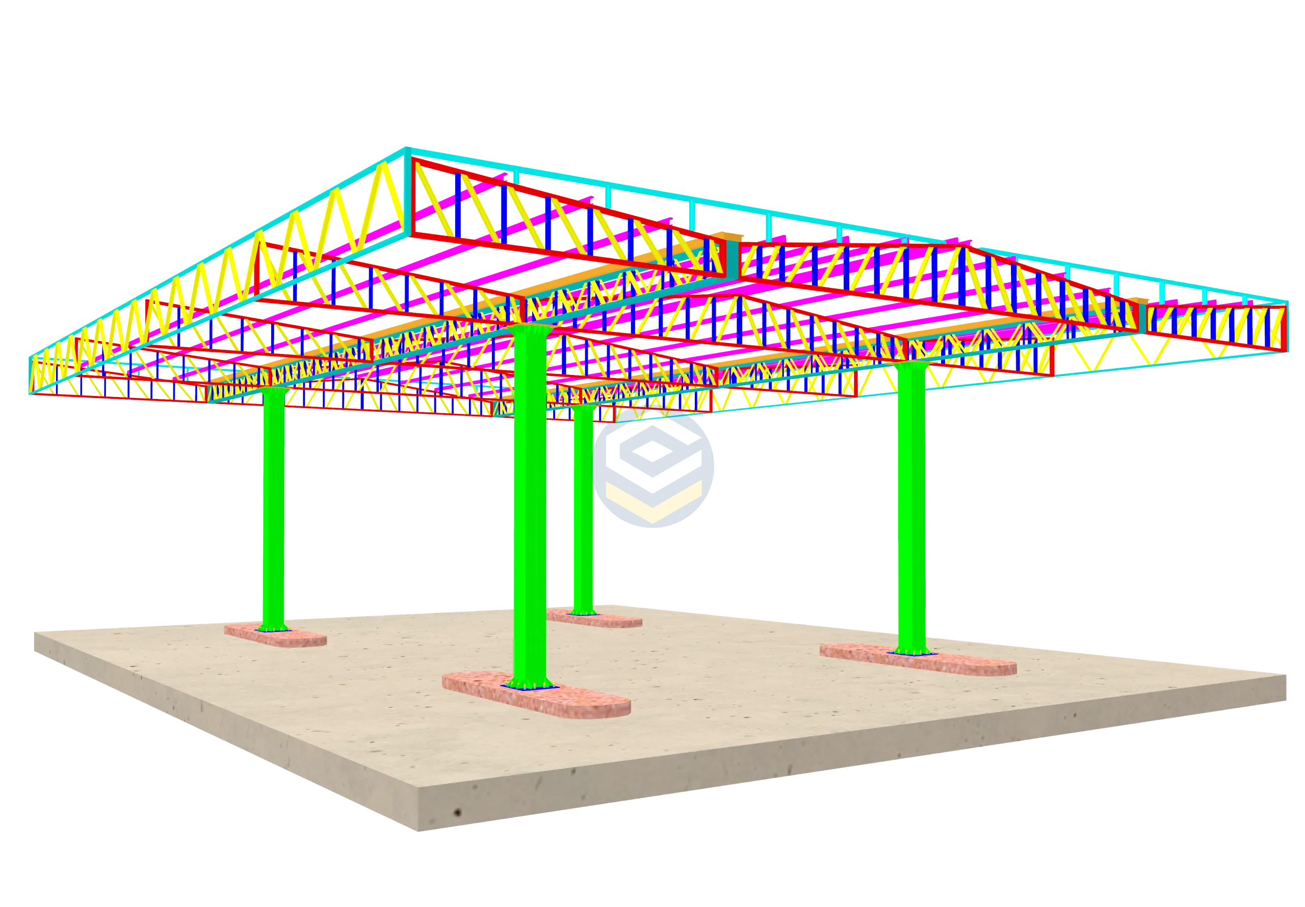 Biblioteca Loogipro - Projeto de posto de combustível com estrutura metálica em 3D detalhada