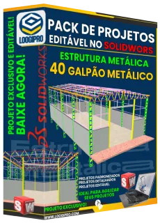 Mockup 3D do box digital contendo 40 projetos de galpão metálico editáveis no SolidWorks