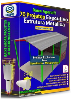 Imagem 3D do box digital do pack com 70 projetos executivos de estrutura metálica em PDF para serralheria e metalúrgica