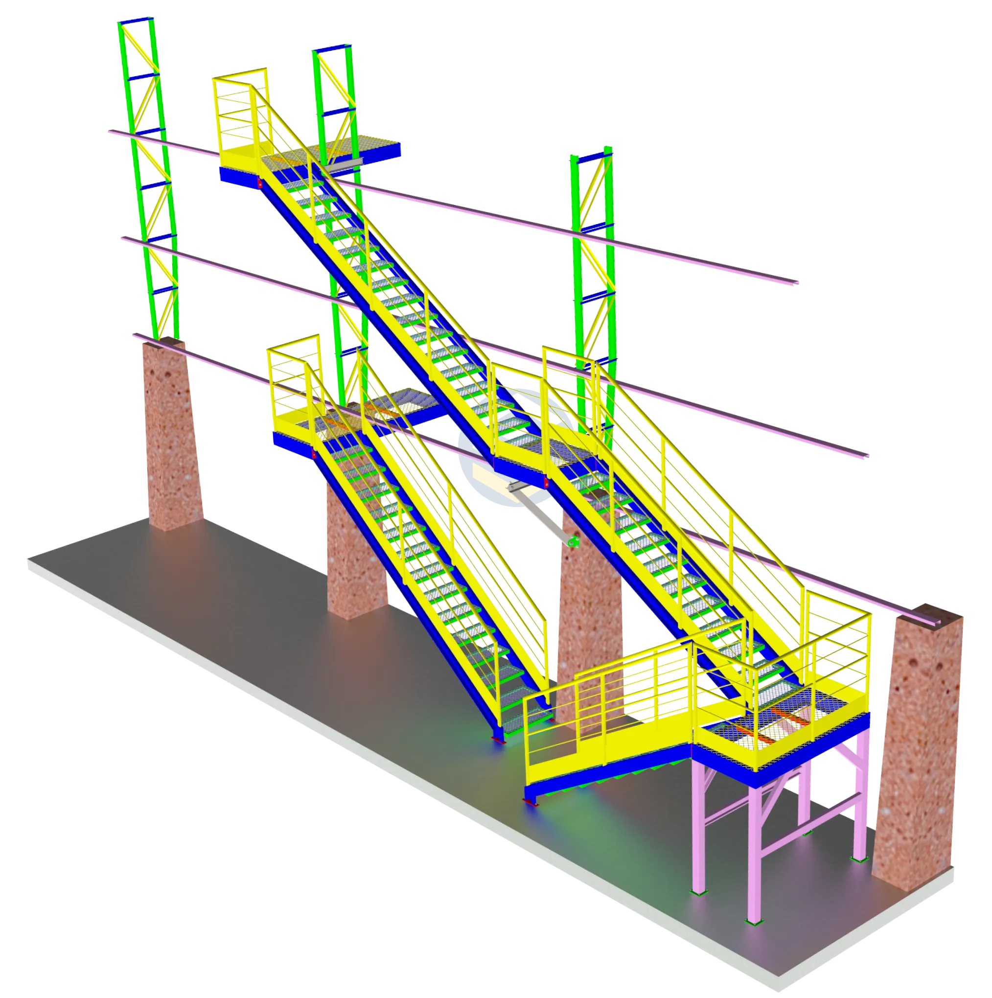 Escada industrial com 3 lances renderizada em 3D no SolidWorks e KeyShot