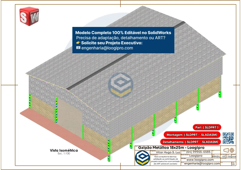 Estrutura do Galpão Metálico 18x25m com fechamento em alvenaria de 3 metros e telhas metálicas aplicadas na cobertura