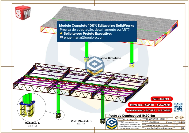 Posto de Combustível 11x20m: estrutura metálica otimizada com 2 pilares reforçados para projetos industriais eficientes. Folha 01