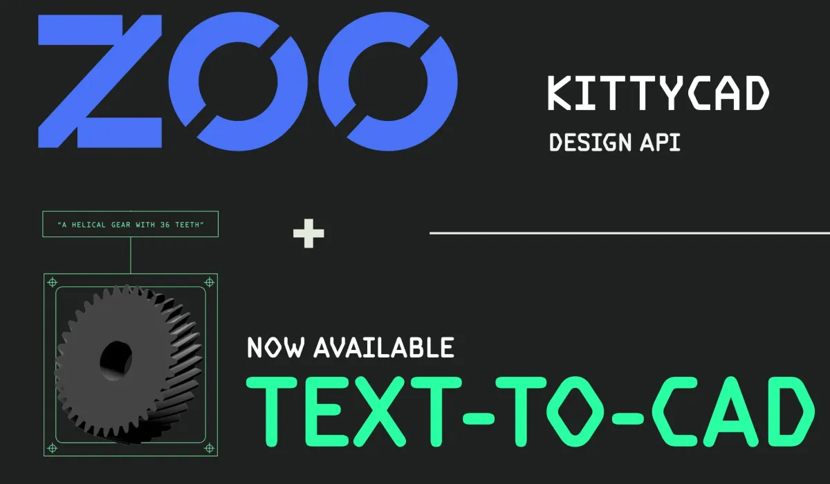 A imagem ilustra a ferramenta Text-to-CAD da Zoo Dev, que cria infraestrutura para design de hardware e moderniza o toolkit de criação de ferramentas.