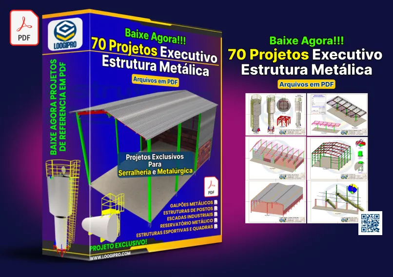 Capa do Pack 70 Projetos em PDF - galpões, postos, escadas e estruturas metálicas executadas. Capa Projetos em PDF - Galpões .