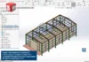 Alt text do galpão metálico 12x25m com fechamento lateral em telha TP, visualização estrutural interna no SolidWorks, com travamentos, terças e pilares destacados.
