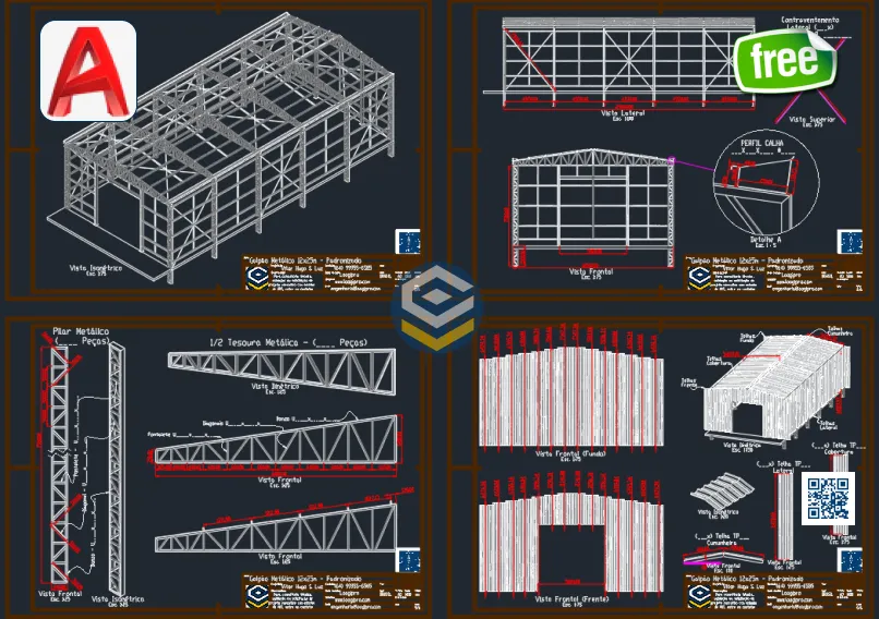 Desenho técnico em DWG do Galpão Metálico 12x25m com fechamento lateral em telha metálica de 6 metros. Galpão Metálico 12x25m - DWG