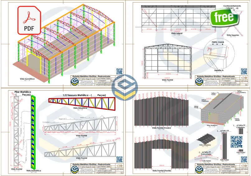 Projeto em PDF com 4 folhas técnicas do Galpão Metálico 12x25m com fechamento lateral em telha TP de 6 metros - Galpão Metálico 12x25m - PDF Grátis