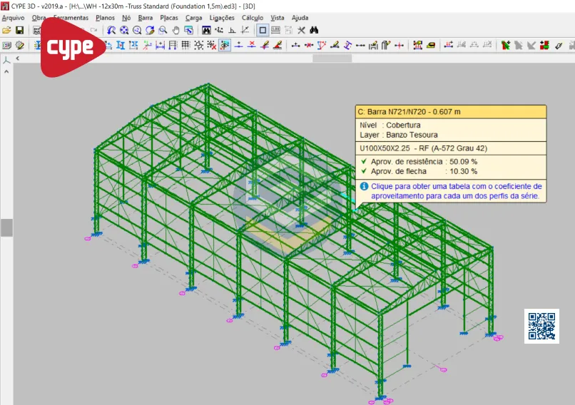 Projeto estrutural de Galpão Metálico 12x30m Cype3D com modelo referência editável para engenheiros e projetistas.