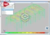 Análise estrutural do Galpão Metálico 12x30m Cype3D com distribuição de esforços em cores no modelo referência.