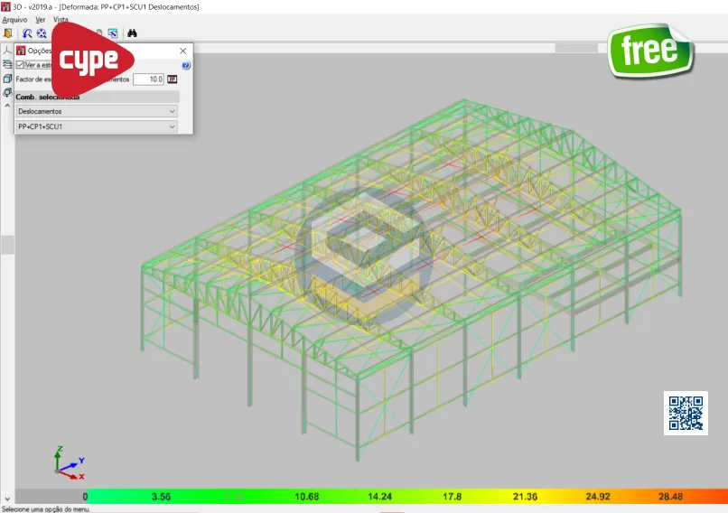 Mapa de esforços estruturais do Galpão Metálico 20x30m Cype3D com simulação de carregamentos no modelo referência.