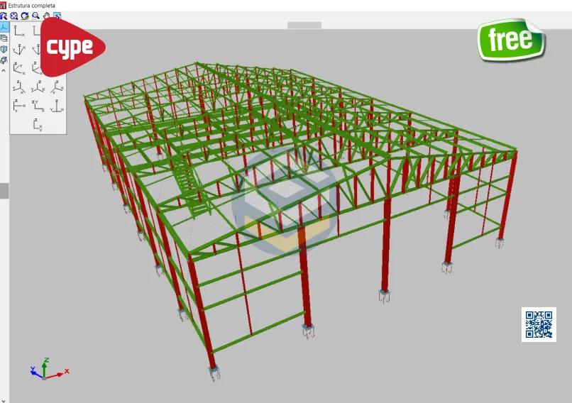 Perspectiva isométrica do Galpão Metálico 20x30m Cype3D com tesouras treliçadas em perfis U dobrado e pilares I.