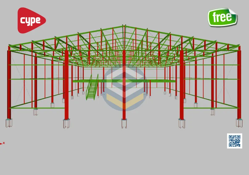 Vista frontal do Galpão Metálico 20x30m Cype3D com pilares em viga I laminada e tesoura treliçada em perfil U dobrado.