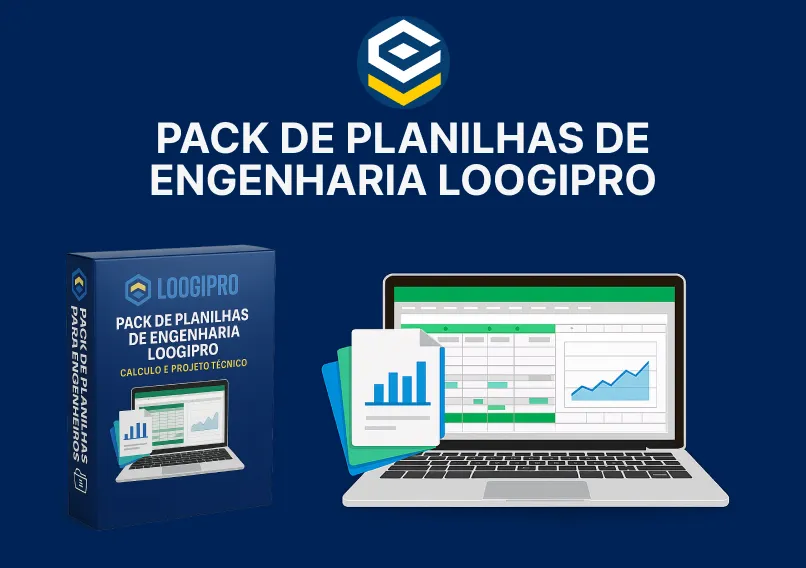 Pack de Planilhas de Engenharia Loogipro, com destaque para planilhas técnicas, gráfico de desempenho e estrutura visual voltada ao uso profissional por engenheiros.