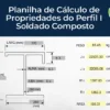 Capa da Planilha de Cálculo de Propriedades do Perfil I Soldado Composto com geração automática de área, peso, momentos de inércia e módulo de resistência.