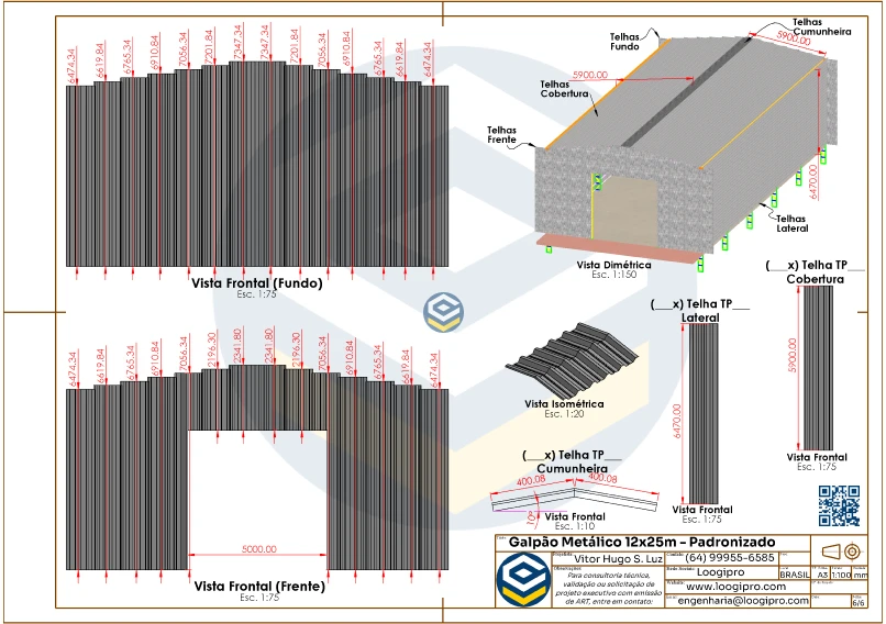 Galpão Metálico 12x25m Estrutura Padronizada SolidWorks Fechamento Lateral desenvolvido por Loogipro Soluções em Engenharia