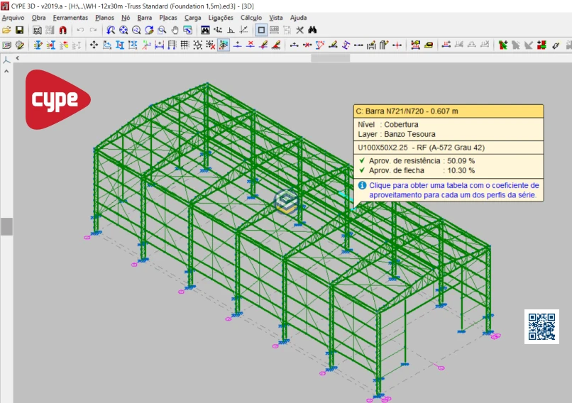 Galpão Metálico 12x30m CYPE3D Perspectiva Frontal Cálculo Estrutural desenvolvido por Loogipro Soluções em Engenharia