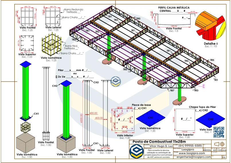 Projeto Executivo Posto de Combustível 11x28m Estrutura Metálica SolidWorks Detalhamento Completo desenvolvido por Loogipro Soluções em Engenharia