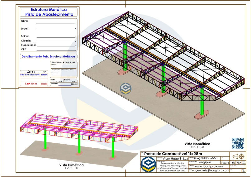 Projeto Executivo Posto de Combustível 11x28m Estrutura Metálica SolidWorks Vista Isométrica desenvolvido por Loogipro Soluções em Engenharia