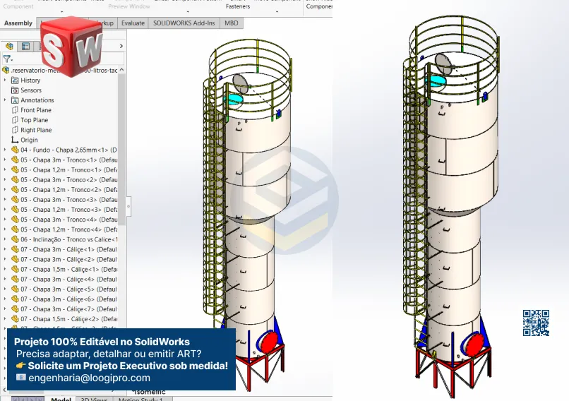 Projeto de Reservatório Metálico 25000 Litros - Tipo Taça - Assembly em SolidWorks com estrutura elevada e detalhamento completo - capa