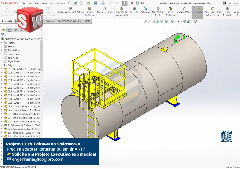 Plataforma para Acesso a Boca de Visita - Tanque - Assembly modelada no SolidWorks com montagem técnica e visualização em ambiente CAD