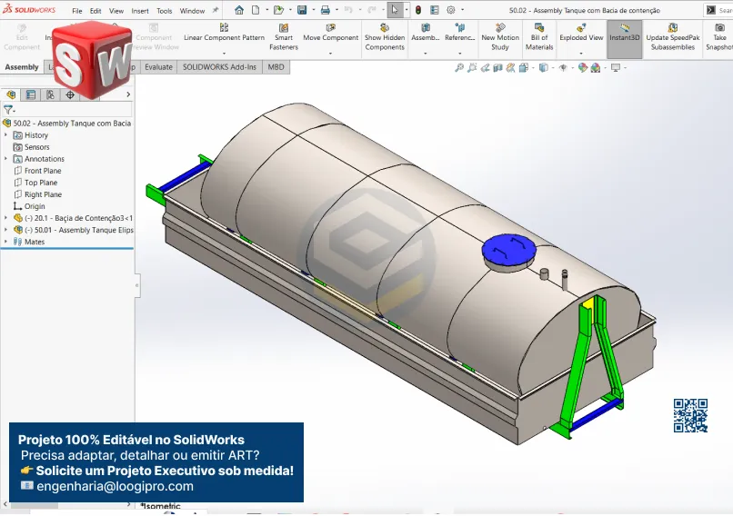 Tanque Aéreo 12000 Litros - Elíptico - Assembly com estrutura rodoviária completa e modelagem 3D no SolidWorks. Capa Vista Isométrica