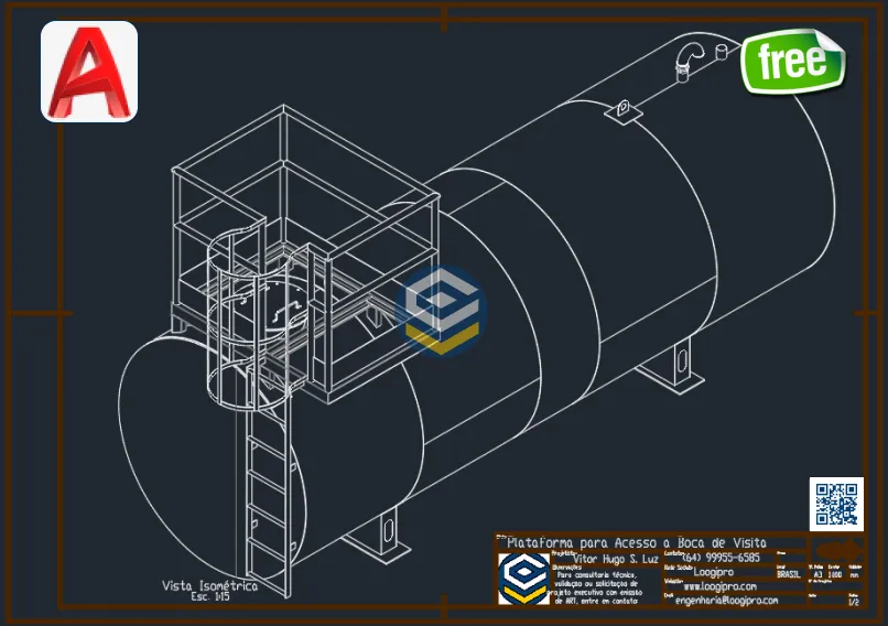 Plataforma para Acesso a Boca de Visita - Tanque - DWG Grátis em vista isométrica com estrutura metálica detalhada e escada de acesso frontal