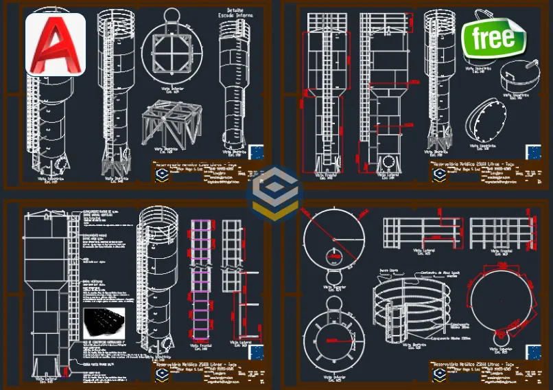 Reservatório Metálico 25000 Litros - Tipo Taça - DWG Grátis com estrutura elevada e detalhamento técnico desenvolvido no SolidWorks - Capa